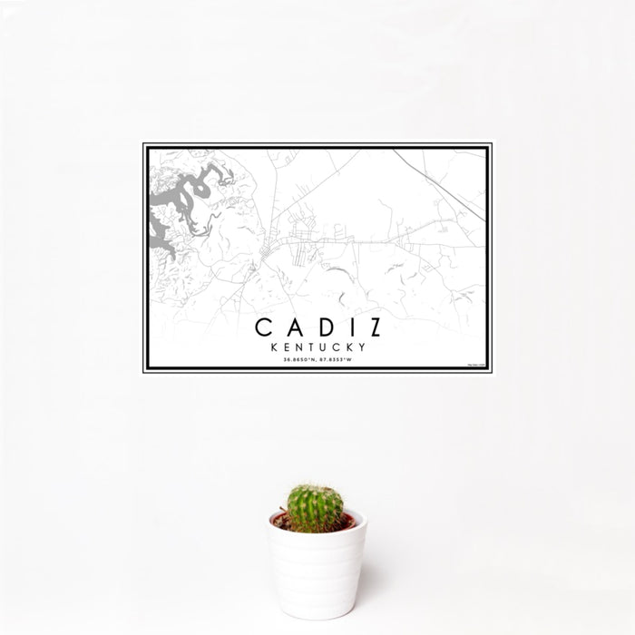 12x18 Cadiz Kentucky Map Print Landscape Orientation in Classic Style With Small Cactus Plant in White Planter