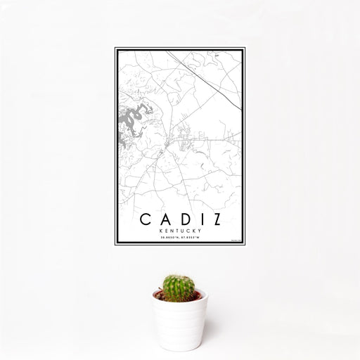 12x18 Cadiz Kentucky Map Print Portrait Orientation in Classic Style With Small Cactus Plant in White Planter