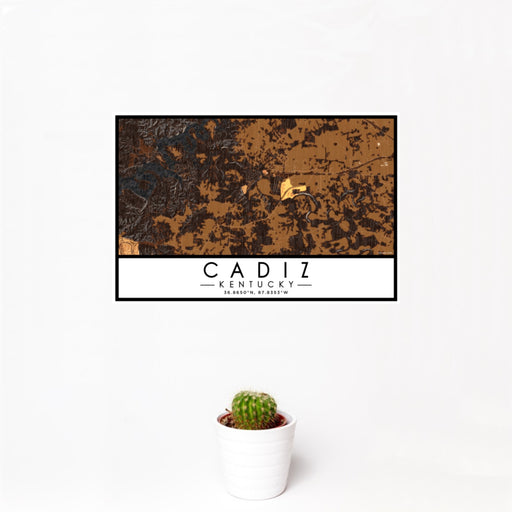 12x18 Cadiz Kentucky Map Print Landscape Orientation in Ember Style With Small Cactus Plant in White Planter
