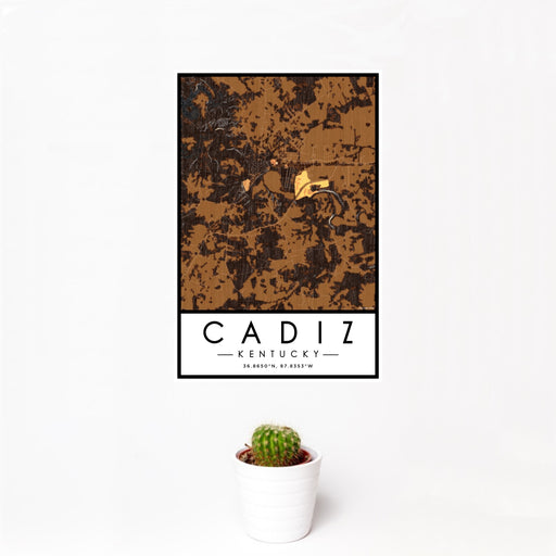12x18 Cadiz Kentucky Map Print Portrait Orientation in Ember Style With Small Cactus Plant in White Planter