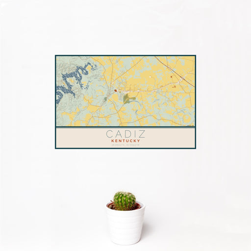 12x18 Cadiz Kentucky Map Print Landscape Orientation in Woodblock Style With Small Cactus Plant in White Planter
