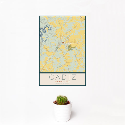 12x18 Cadiz Kentucky Map Print Portrait Orientation in Woodblock Style With Small Cactus Plant in White Planter