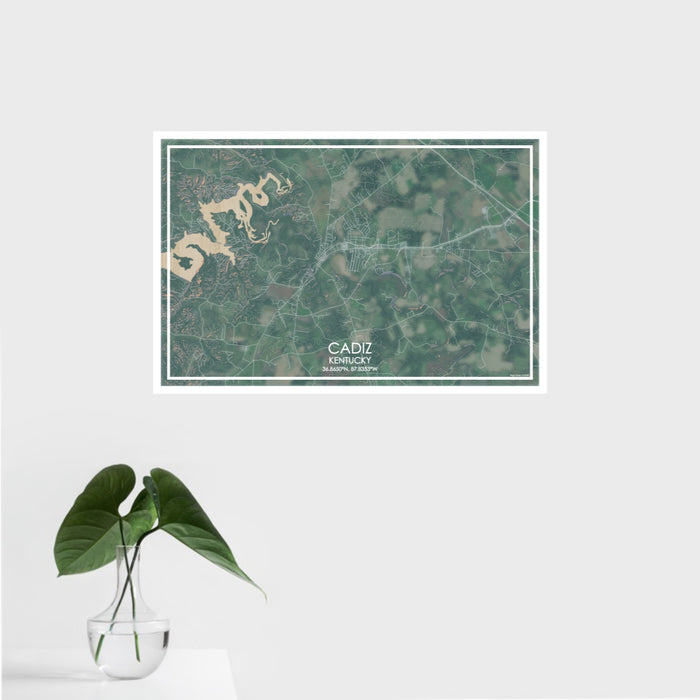 16x24 Cadiz Kentucky Map Print Landscape Orientation in Afternoon Style With Tropical Plant Leaves in Water