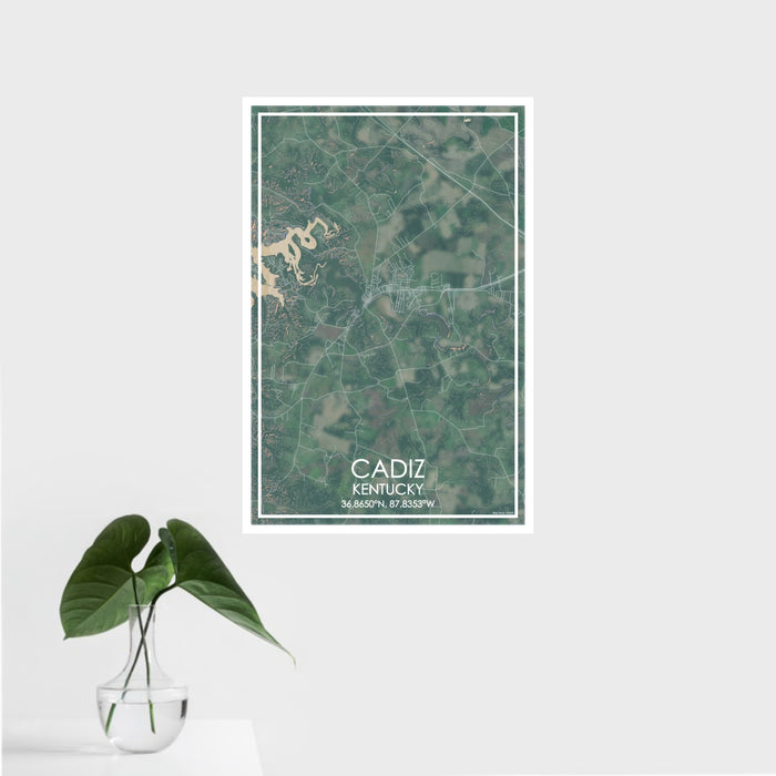 16x24 Cadiz Kentucky Map Print Portrait Orientation in Afternoon Style With Tropical Plant Leaves in Water