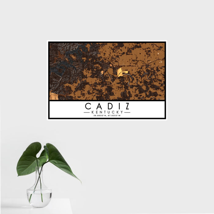 16x24 Cadiz Kentucky Map Print Landscape Orientation in Ember Style With Tropical Plant Leaves in Water