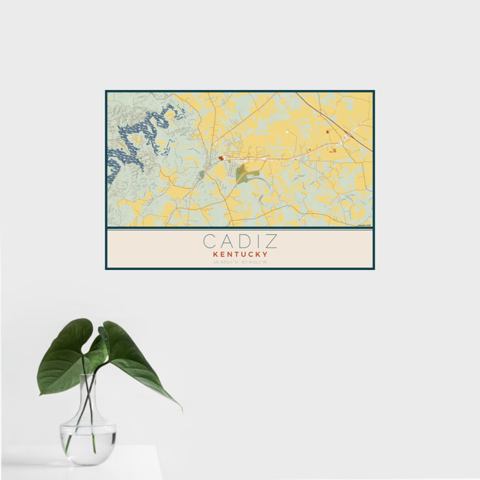 16x24 Cadiz Kentucky Map Print Landscape Orientation in Woodblock Style With Tropical Plant Leaves in Water