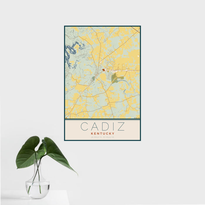 16x24 Cadiz Kentucky Map Print Portrait Orientation in Woodblock Style With Tropical Plant Leaves in Water