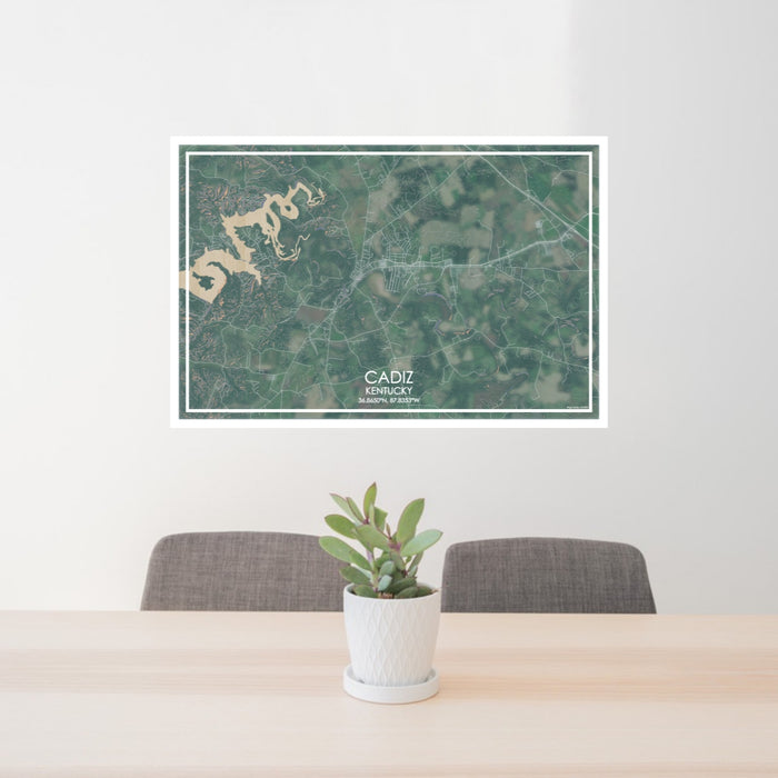 24x36 Cadiz Kentucky Map Print Lanscape Orientation in Afternoon Style Behind 2 Chairs Table and Potted Plant