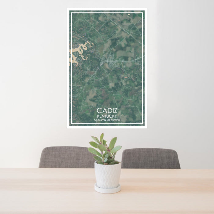 24x36 Cadiz Kentucky Map Print Portrait Orientation in Afternoon Style Behind 2 Chairs Table and Potted Plant