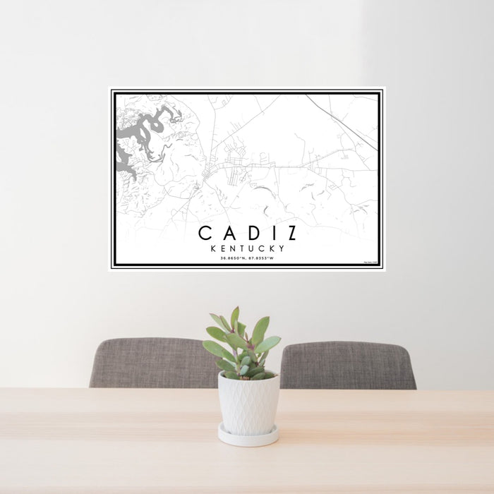 24x36 Cadiz Kentucky Map Print Lanscape Orientation in Classic Style Behind 2 Chairs Table and Potted Plant