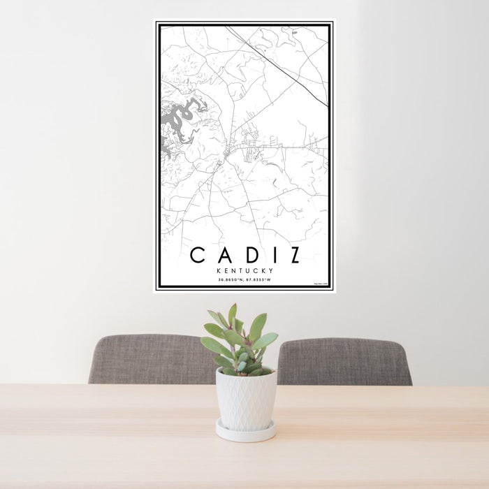 24x36 Cadiz Kentucky Map Print Portrait Orientation in Classic Style Behind 2 Chairs Table and Potted Plant