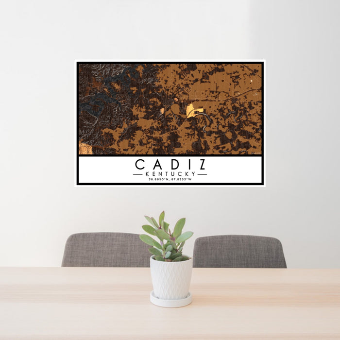 24x36 Cadiz Kentucky Map Print Lanscape Orientation in Ember Style Behind 2 Chairs Table and Potted Plant