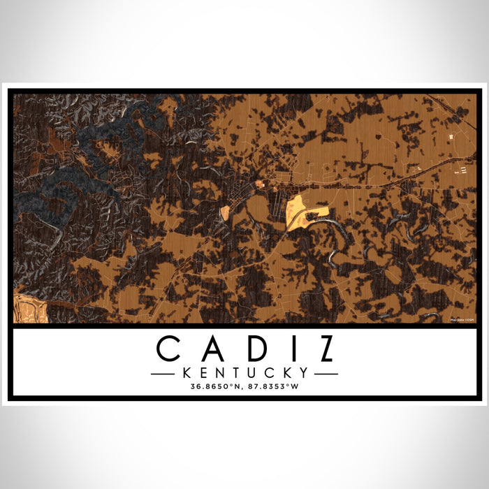 Cadiz Kentucky Map Print Landscape Orientation in Ember Style With Shaded Background