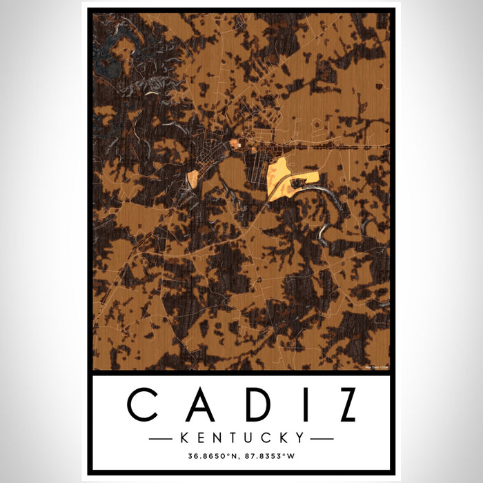 Cadiz Kentucky Map Print Portrait Orientation in Ember Style With Shaded Background