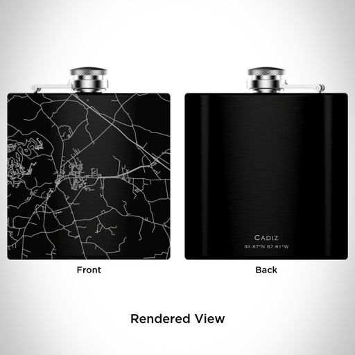 Rendered View of Cadiz Kentucky Map Engraving on 6oz Stainless Steel Flask in Black