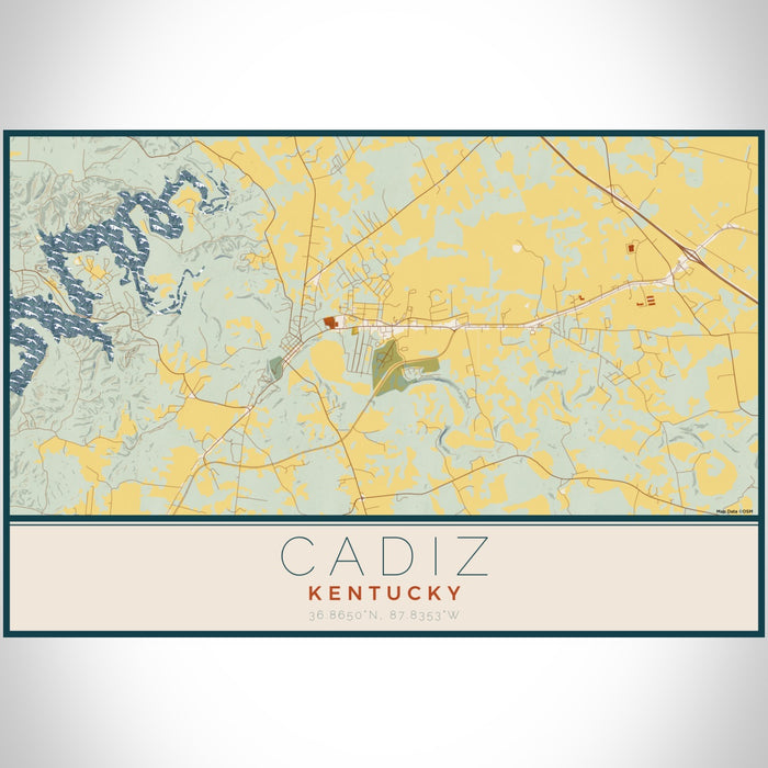 Cadiz Kentucky Map Print Landscape Orientation in Woodblock Style With Shaded Background