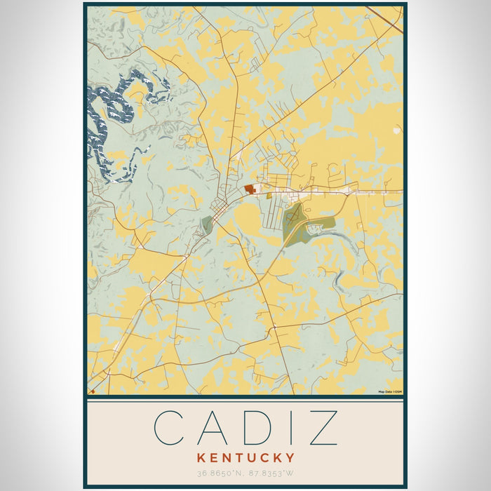Cadiz Kentucky Map Print Portrait Orientation in Woodblock Style With Shaded Background