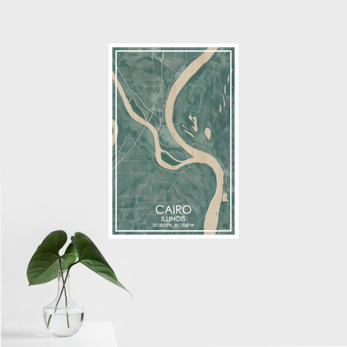 16x24 Cairo Illinois Map Print Portrait Orientation in Afternoon Style With Tropical Plant Leaves in Water