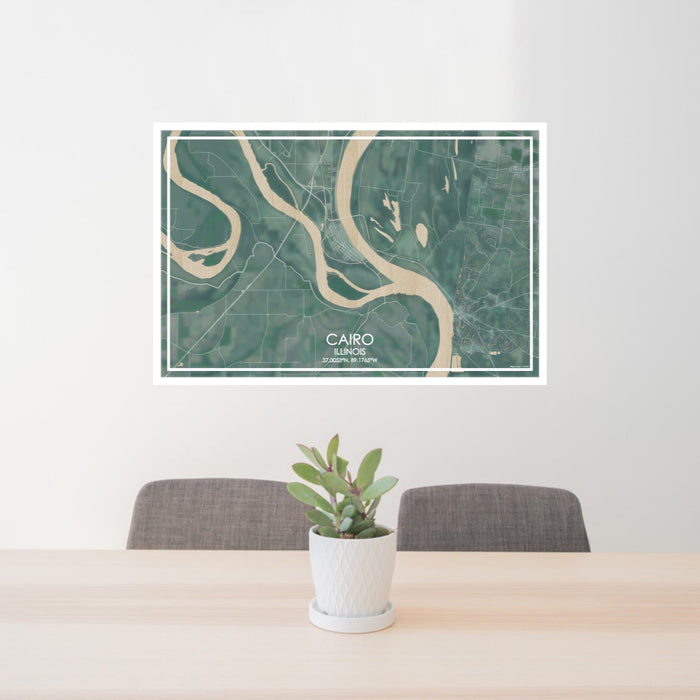 24x36 Cairo Illinois Map Print Lanscape Orientation in Afternoon Style Behind 2 Chairs Table and Potted Plant