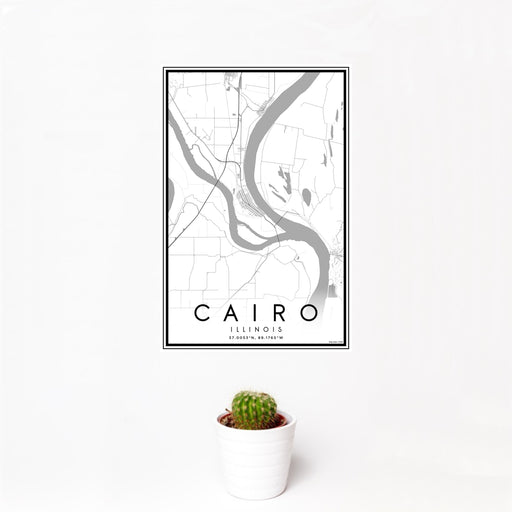 12x18 Cairo Illinois Map Print Portrait Orientation in Classic Style With Small Cactus Plant in White Planter