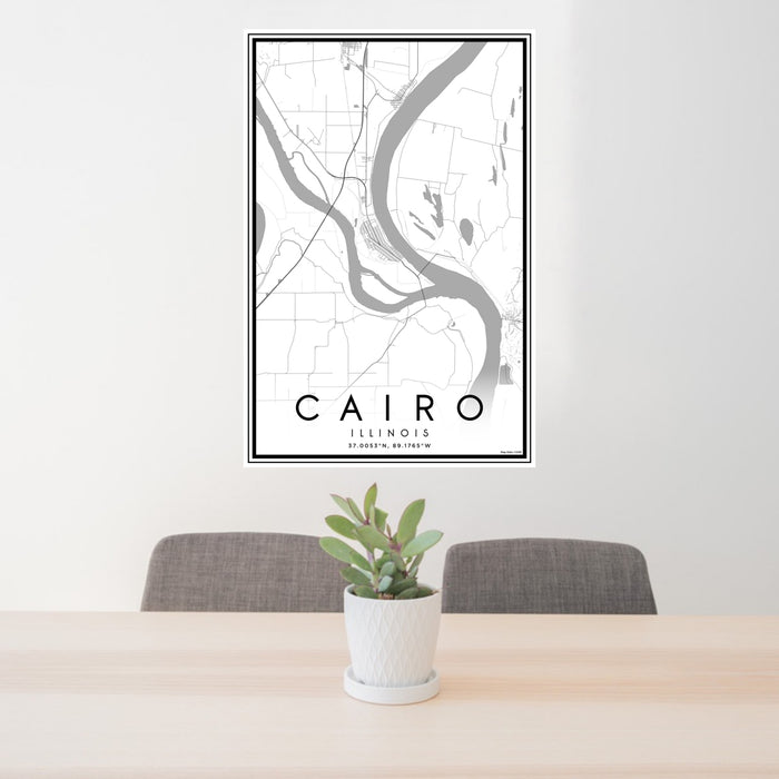 24x36 Cairo Illinois Map Print Portrait Orientation in Classic Style Behind 2 Chairs Table and Potted Plant