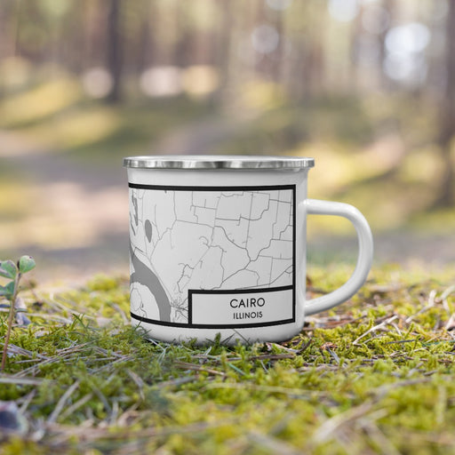 Right View Custom Cairo Illinois Map Enamel Mug in Classic on Grass With Trees in Background