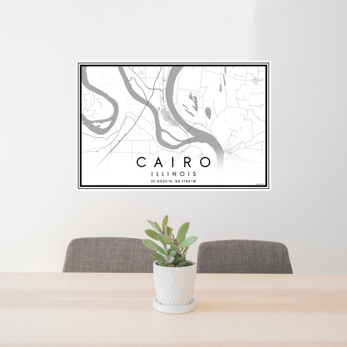 24x36 Cairo Illinois Map Print Landscape Orientation in Classic Style Behind 2 Chairs Table and Potted Plant