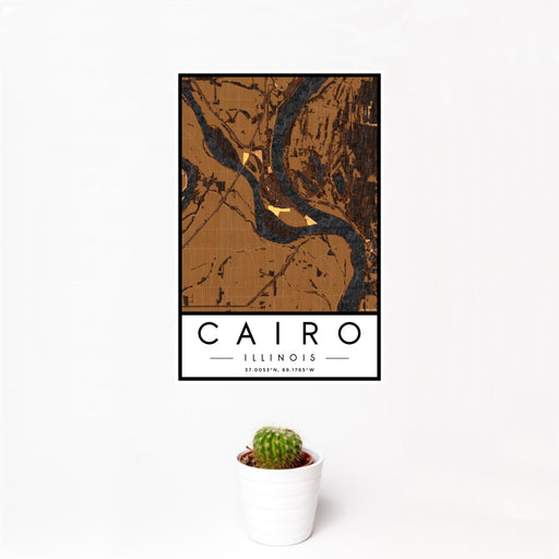 12x18 Cairo Illinois Map Print Portrait Orientation in Ember Style With Small Cactus Plant in White Planter