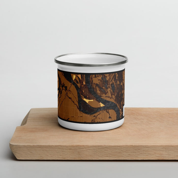 Front View Custom Cairo Illinois Map Enamel Mug in Ember on Cutting Board