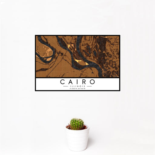 12x18 Cairo Illinois Map Print Landscape Orientation in Ember Style With Small Cactus Plant in White Planter