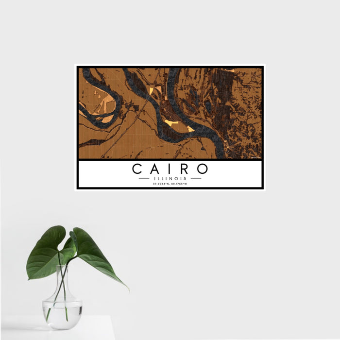 16x24 Cairo Illinois Map Print Landscape Orientation in Ember Style With Tropical Plant Leaves in Water