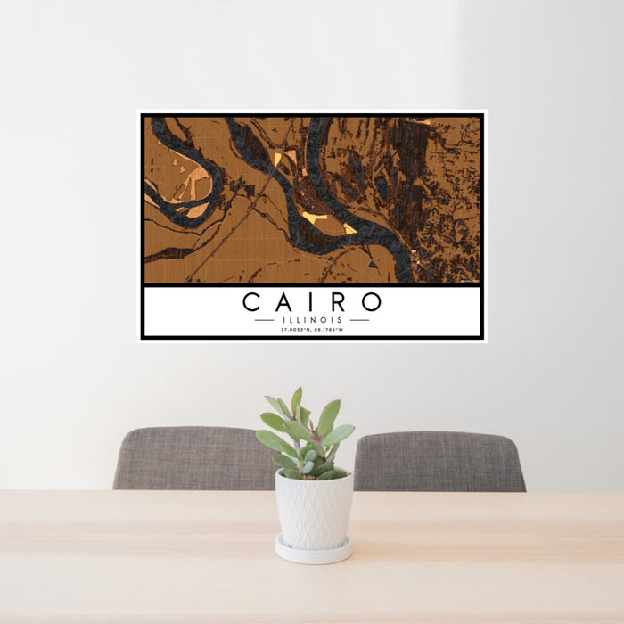 24x36 Cairo Illinois Map Print Landscape Orientation in Ember Style Behind 2 Chairs Table and Potted Plant