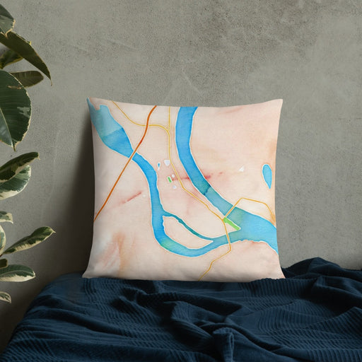 Custom Cairo Illinois Map Throw Pillow in Watercolor on Bedding Against Wall