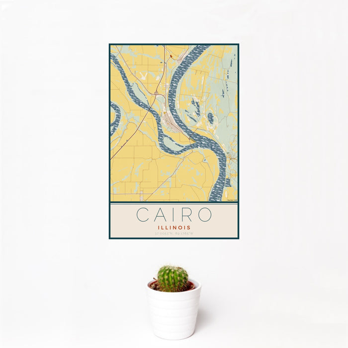 12x18 Cairo Illinois Map Print Portrait Orientation in Woodblock Style With Small Cactus Plant in White Planter