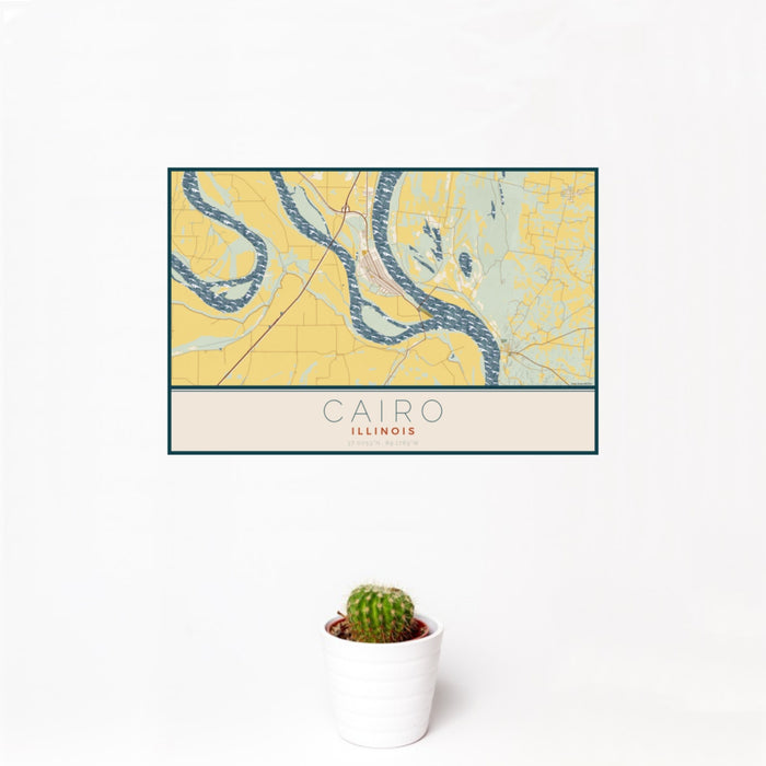 12x18 Cairo Illinois Map Print Landscape Orientation in Woodblock Style With Small Cactus Plant in White Planter
