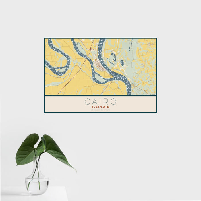 16x24 Cairo Illinois Map Print Landscape Orientation in Woodblock Style With Tropical Plant Leaves in Water