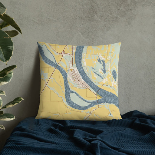 Custom Cairo Illinois Map Throw Pillow in Woodblock on Bedding Against Wall
