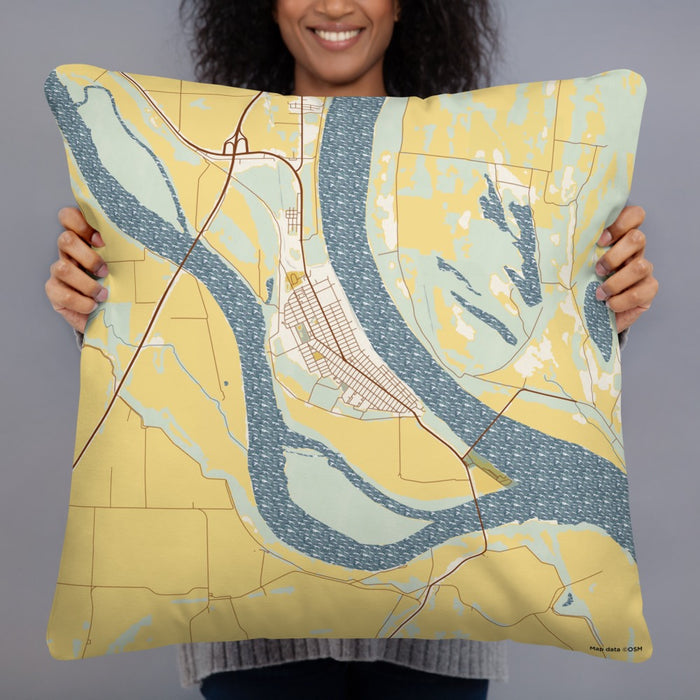 Person holding 22x22 Custom Cairo Illinois Map Throw Pillow in Woodblock