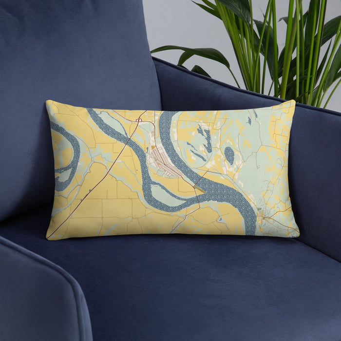 Custom Cairo Illinois Map Throw Pillow in Woodblock on Blue Colored Chair