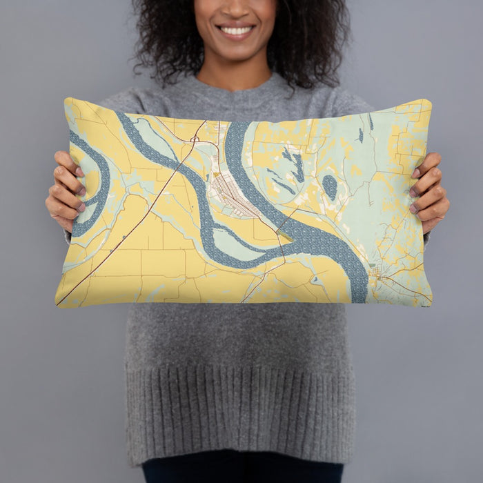 Person holding 20x12 Custom Cairo Illinois Map Throw Pillow in Woodblock