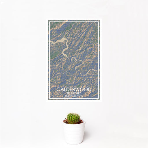 12x18 Calderwood Tennessee Map Print Portrait Orientation in Afternoon Style With Small Cactus Plant in White Planter