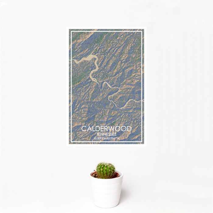 12x18 Calderwood Tennessee Map Print Portrait Orientation in Afternoon Style With Small Cactus Plant in White Planter