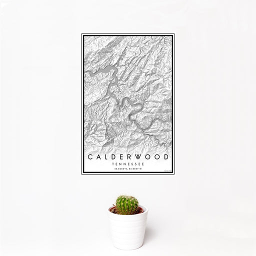 12x18 Calderwood Tennessee Map Print Portrait Orientation in Classic Style With Small Cactus Plant in White Planter
