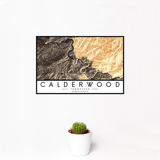 12x18 Calderwood Tennessee Map Print Landscape Orientation in Ember Style With Small Cactus Plant in White Planter