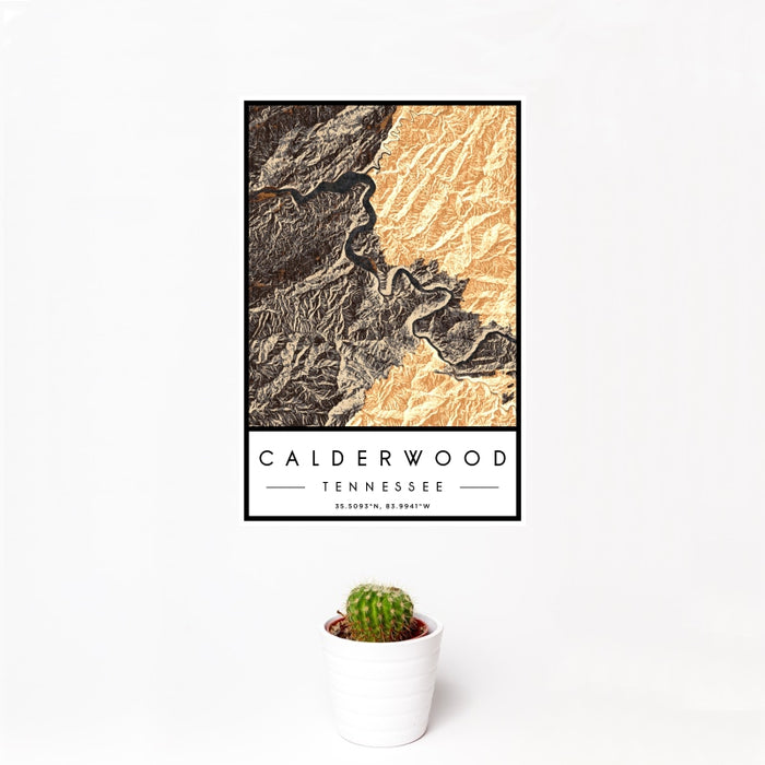 12x18 Calderwood Tennessee Map Print Portrait Orientation in Ember Style With Small Cactus Plant in White Planter