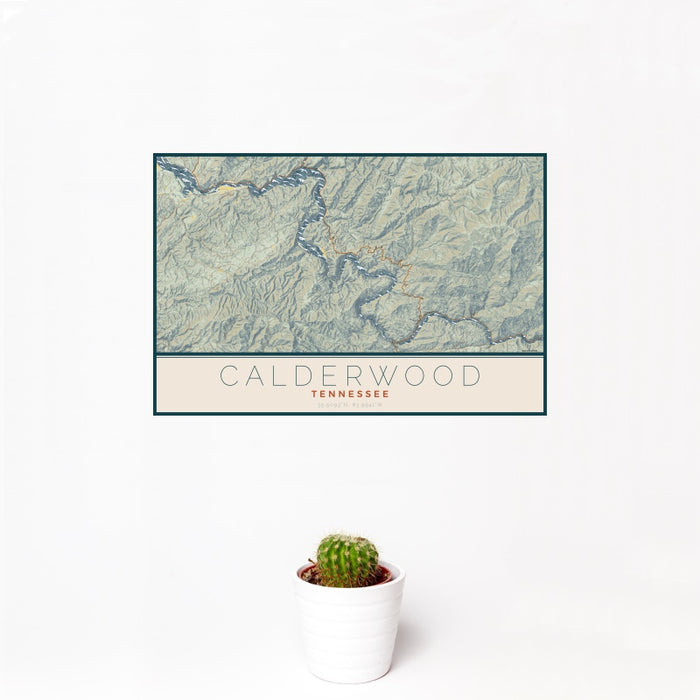 12x18 Calderwood Tennessee Map Print Landscape Orientation in Woodblock Style With Small Cactus Plant in White Planter
