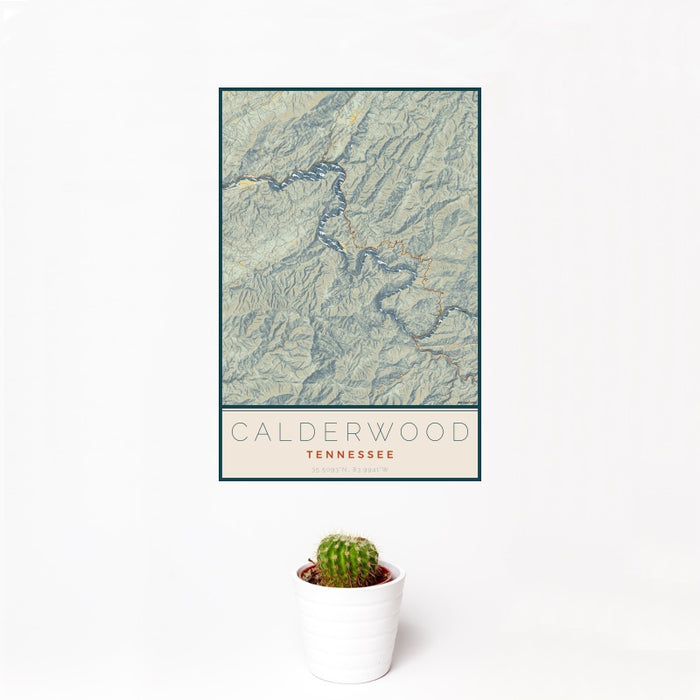 12x18 Calderwood Tennessee Map Print Portrait Orientation in Woodblock Style With Small Cactus Plant in White Planter