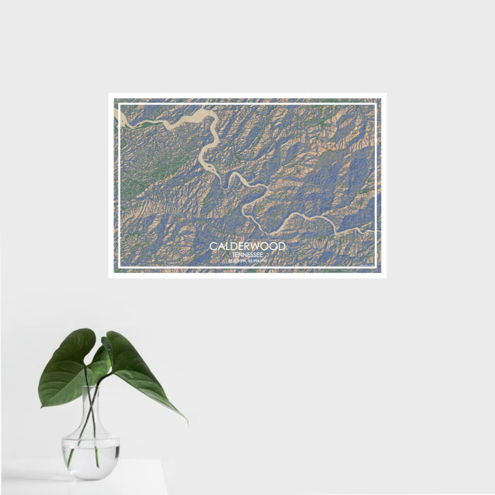 16x24 Calderwood Tennessee Map Print Landscape Orientation in Afternoon Style With Tropical Plant Leaves in Water