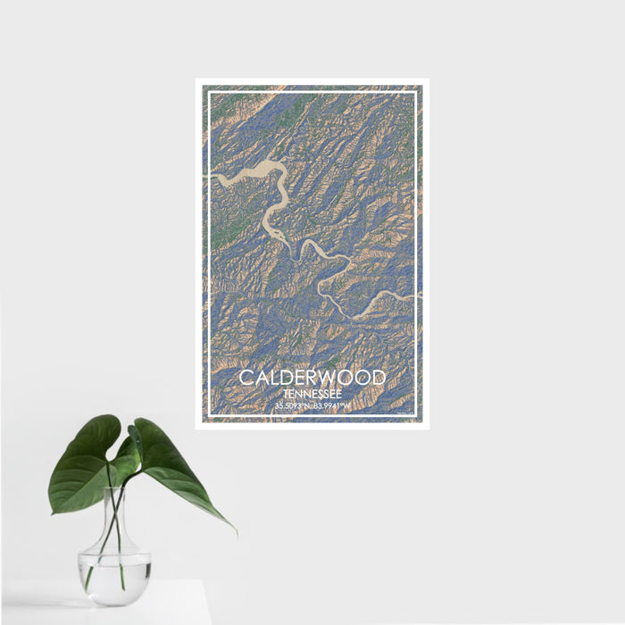 16x24 Calderwood Tennessee Map Print Portrait Orientation in Afternoon Style With Tropical Plant Leaves in Water