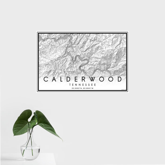 16x24 Calderwood Tennessee Map Print Landscape Orientation in Classic Style With Tropical Plant Leaves in Water